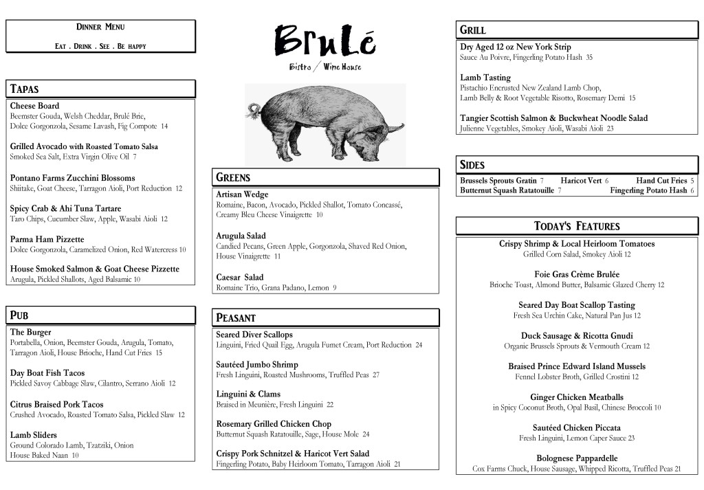 Brule Dinner Menu